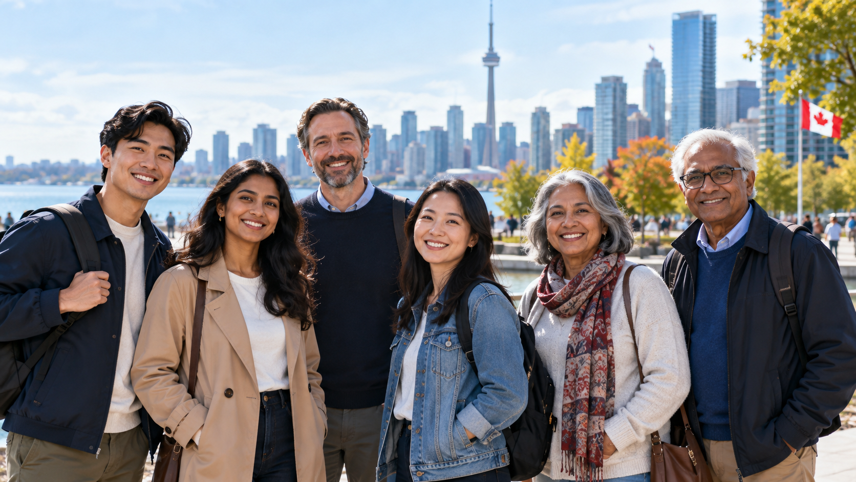 Adults of different ages smiling together beside the Toronto skyline